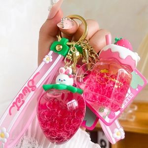 CUTE STRAWBERRY RABBIT CUP PEARL KEYCHAIN
